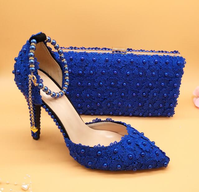 White Lace Flower wedding shoes with matching bags High heels Pointed Toe Ankle Strap Ladies Party shoe and bag set Pearl Shoe