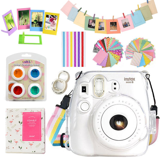 For Fujifilm Instax Mini 9 Mini 8 Camera Transparent Full Protective Case Bag Cover + 64 Pockets Album + 10 in 1 Accessories Set