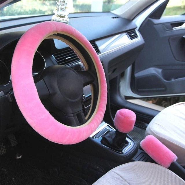 New 3pcs/set Winter Faux Wool Car Steering Wheel Cover for women Car seat Cover Fuzzy Car Interior Accessories Car styling