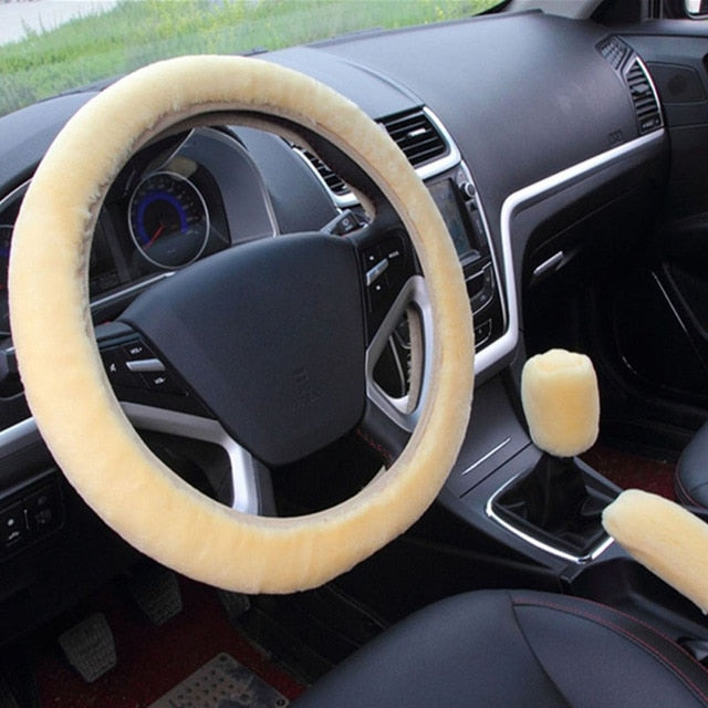 New 3pcs/set Winter Faux Wool Car Steering Wheel Cover for women Car seat Cover Fuzzy Car Interior Accessories Car styling