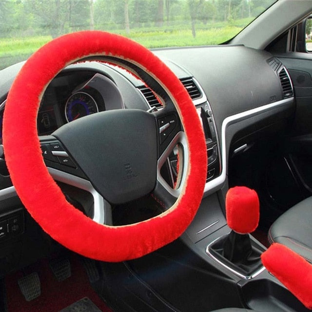New 3pcs/set Winter Faux Wool Car Steering Wheel Cover for women Car seat Cover Fuzzy Car Interior Accessories Car styling