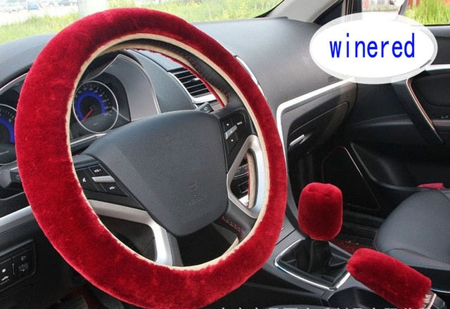 New 3pcs/set Winter Faux Wool Car Steering Wheel Cover for women Car seat Cover Fuzzy Car Interior Accessories Car styling
