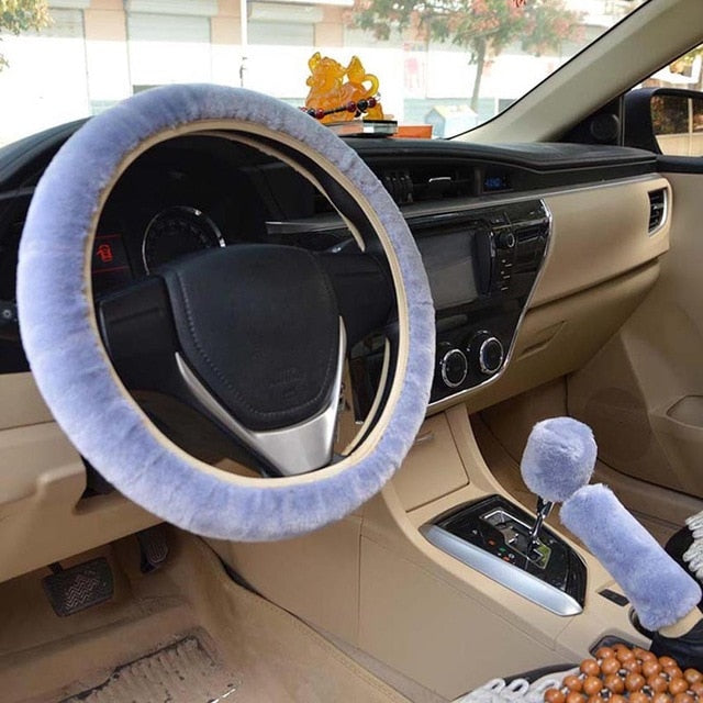 New 3pcs/set Winter Faux Wool Car Steering Wheel Cover for women Car seat Cover Fuzzy Car Interior Accessories Car styling