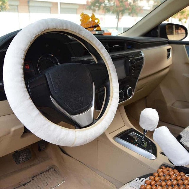 New 3pcs/set Winter Faux Wool Car Steering Wheel Cover for women Car seat Cover Fuzzy Car Interior Accessories Car styling