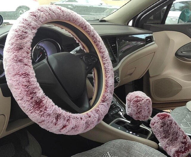 New 3pcs/set Winter Faux Wool Car Steering Wheel Cover for women Car seat Cover Fuzzy Car Interior Accessories Car styling