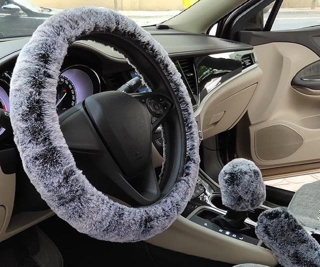 New 3pcs/set Winter Faux Wool Car Steering Wheel Cover for women Car seat Cover Fuzzy Car Interior Accessories Car styling