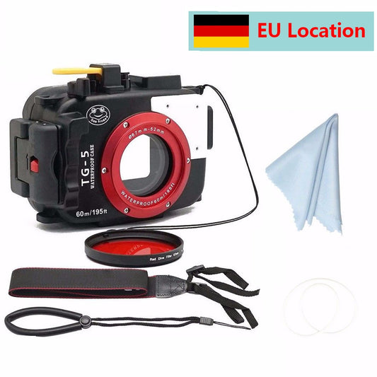SeaFrogs TG5 60m/195ft Underwater Diving Waterproof Housing Camera Case for Olympus TG-5 Waterproof Camera Bags with Red Filter