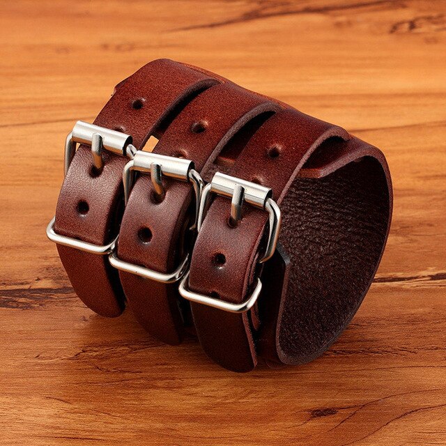 TYO Classic Men's Boys Adjustable Genuine Leather Cuff Bracelet Punk Rock Jewelry Black/Brown Three Layers Watch Bangles