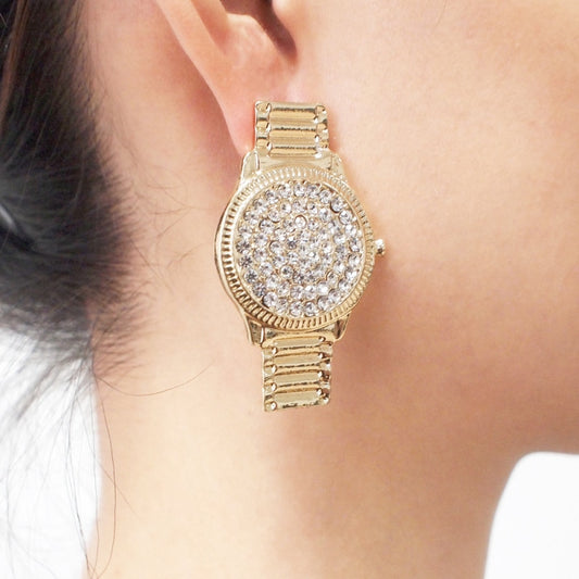 Luxury Crystal Watch Stud Earrings For Women Unique Design Punk Rhinstone Statement Earrings Jewelry Gift UKEN