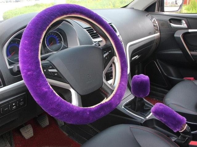 New 3pcs/set Winter Faux Wool Car Steering Wheel Cover for women Car seat Cover Fuzzy Car Interior Accessories Car styling