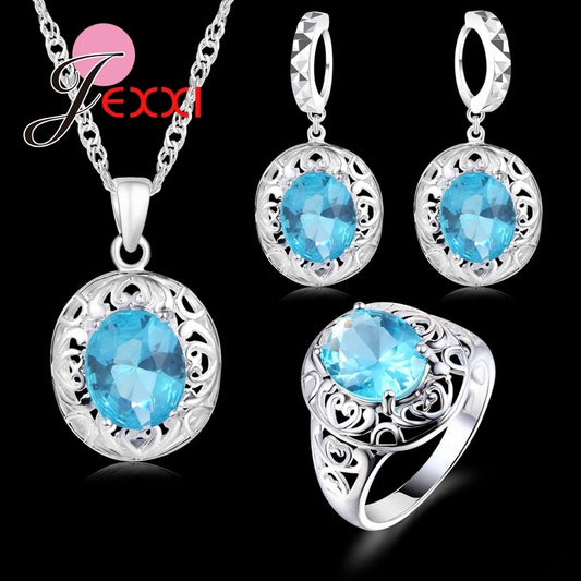 Top Quality Wedding Jewelry for Brides 925 Sterling Silver CZ Crystal Earrings Ring Necklace Bridal Jewelry Set