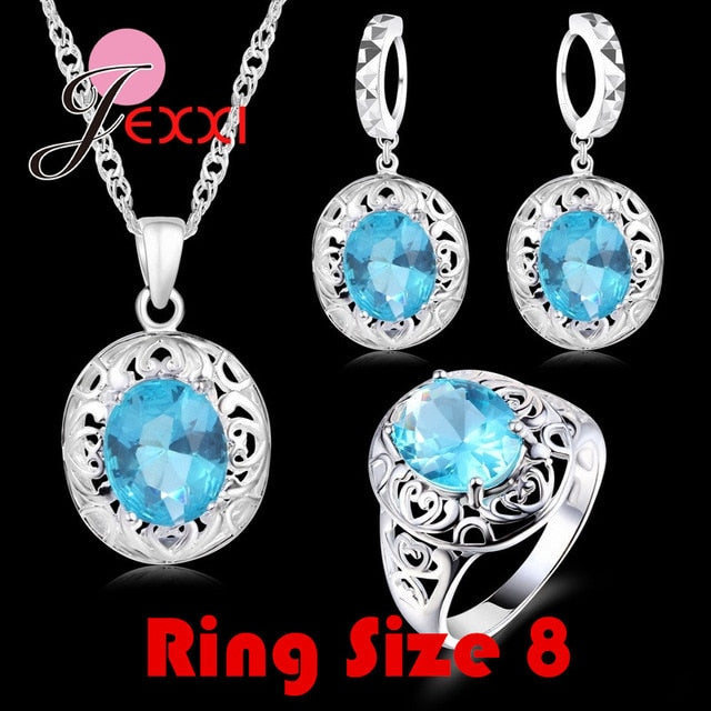 Top Quality Wedding Jewelry for Brides 925 Sterling Silver CZ Crystal Earrings Ring Necklace Bridal Jewelry Set