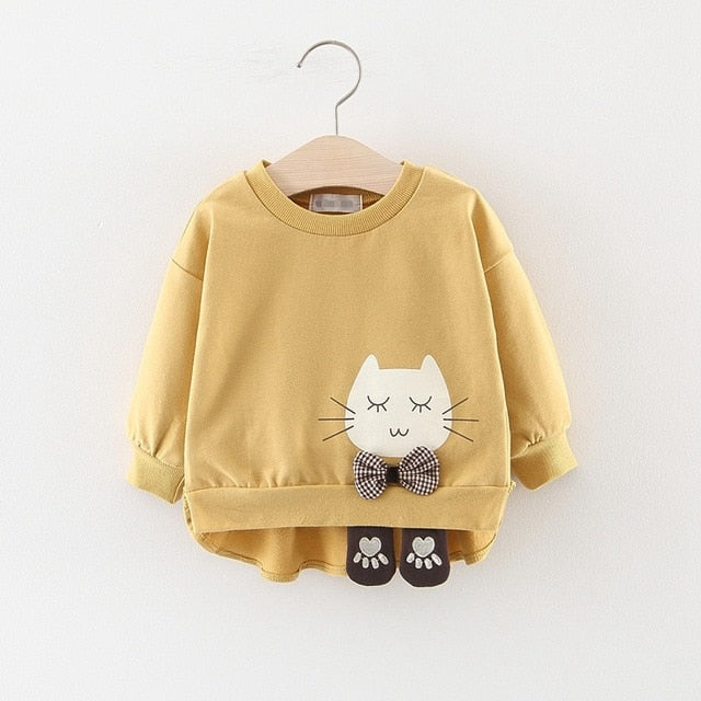 2019 Autumn Girls Sweatshirts Baby Infants Girl Clothes Kids Toddler Cartoon Cat Bow Long Sleeve Pullover Tops Outwear WT769