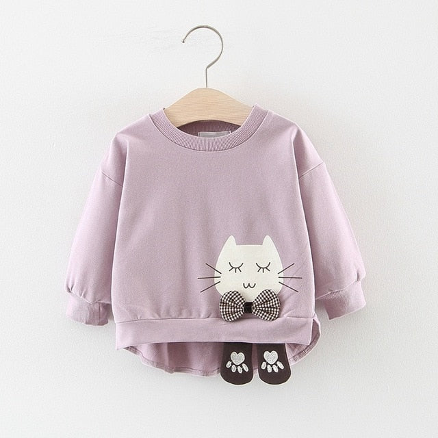 2019 Autumn Girls Sweatshirts Baby Infants Girl Clothes Kids Toddler Cartoon Cat Bow Long Sleeve Pullover Tops Outwear WT769