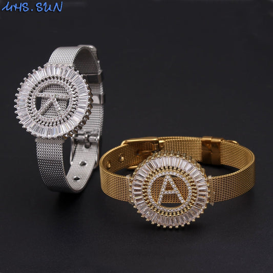 MHS.SUN Stainless Stee Watch Style Bracelet 26 Alphabets AAA Cubic Zircon Bangle A-Z Letters For Women Initial Jewelry Gift