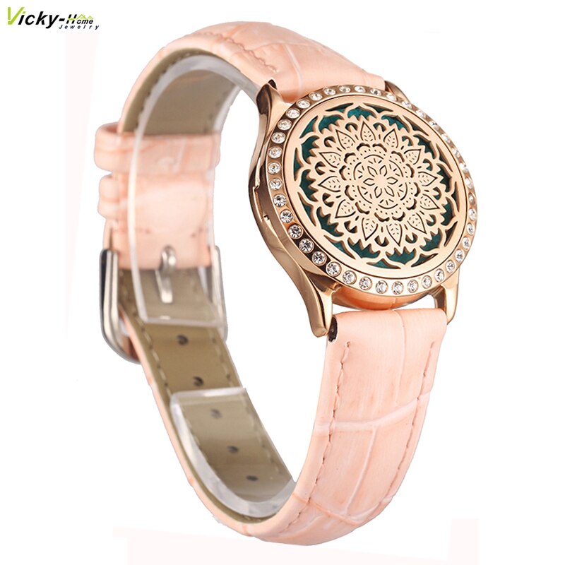 Pink Watch Locket Bracelet Genuine Leather Crystal Stainless Steel Men Woman Bangle Essential Oil Aroma Diffuser Locket Bracelet