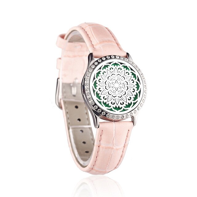 Pink Watch Locket Bracelet Genuine Leather Crystal Stainless Steel Men Woman Bangle Essential Oil Aroma Diffuser Locket Bracelet