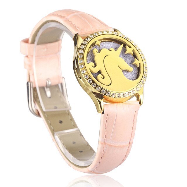 Pink Watch Locket Bracelet Genuine Leather Crystal Stainless Steel Men Woman Bangle Essential Oil Aroma Diffuser Locket Bracelet