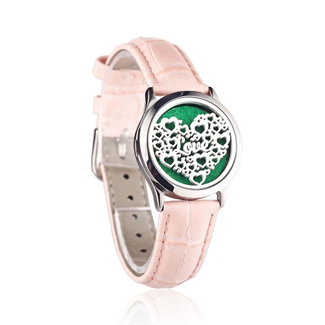 Pink Watch Locket Bracelet Genuine Leather Crystal Stainless Steel Men Woman Bangle Essential Oil Aroma Diffuser Locket Bracelet