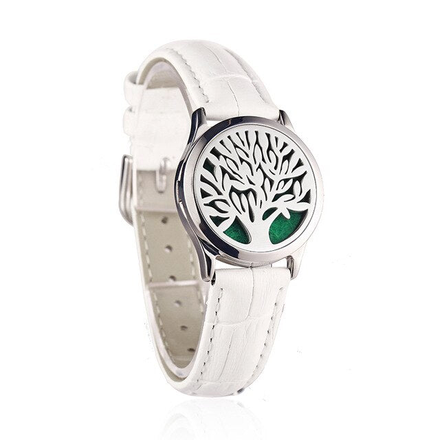 White Leather Bracelet Watch Locket Crystal Stainless Steel Men Woman Bangle Essential Oil Aroma Diffuser Locket Bracelet