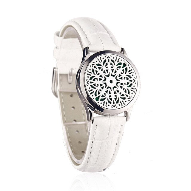 White Leather Bracelet Watch Locket Crystal Stainless Steel Men Woman Bangle Essential Oil Aroma Diffuser Locket Bracelet