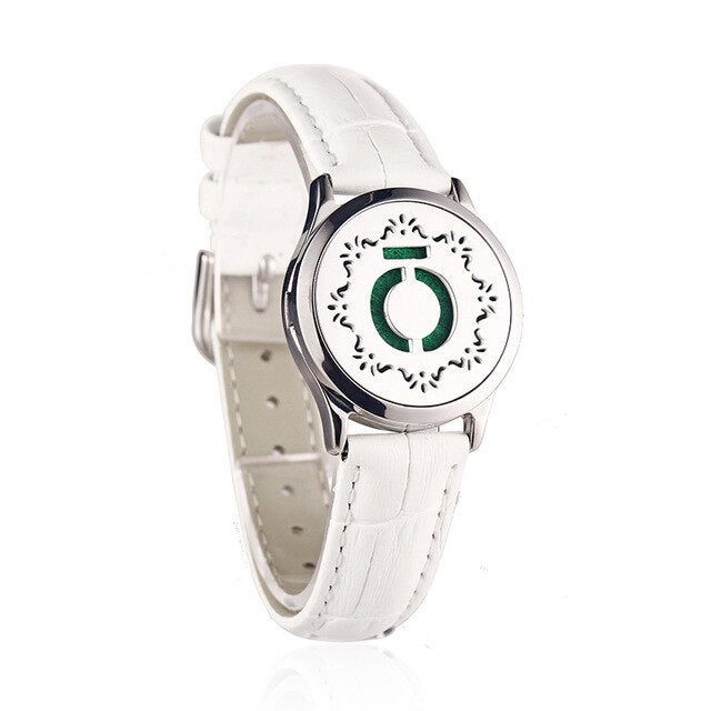 White Leather Bracelet Watch Locket Crystal Stainless Steel Men Woman Bangle Essential Oil Aroma Diffuser Locket Bracelet