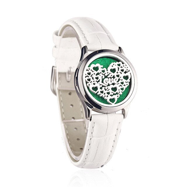 White Leather Bracelet Watch Locket Crystal Stainless Steel Men Woman Bangle Essential Oil Aroma Diffuser Locket Bracelet