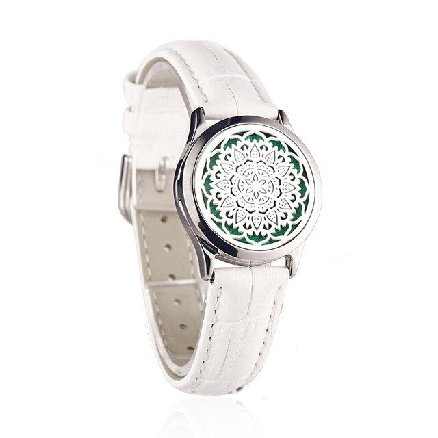 White Leather Bracelet Watch Locket Crystal Stainless Steel Men Woman Bangle Essential Oil Aroma Diffuser Locket Bracelet