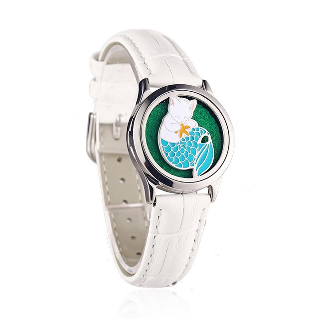 White Leather Bracelet Watch Locket Crystal Stainless Steel Men Woman Bangle Essential Oil Aroma Diffuser Locket Bracelet