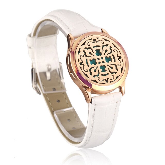 White Leather Bracelet Watch Locket Crystal Stainless Steel Men Woman Bangle Essential Oil Aroma Diffuser Locket Bracelet
