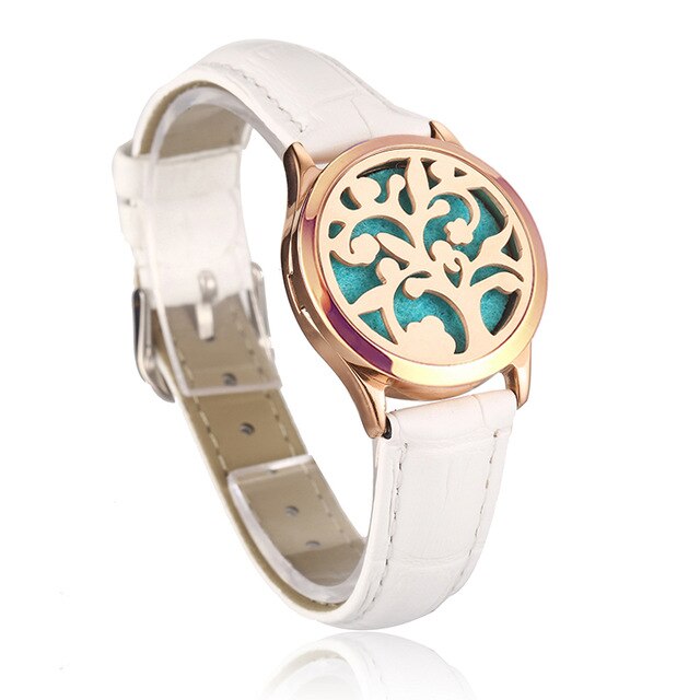 White Leather Bracelet Watch Locket Crystal Stainless Steel Men Woman Bangle Essential Oil Aroma Diffuser Locket Bracelet