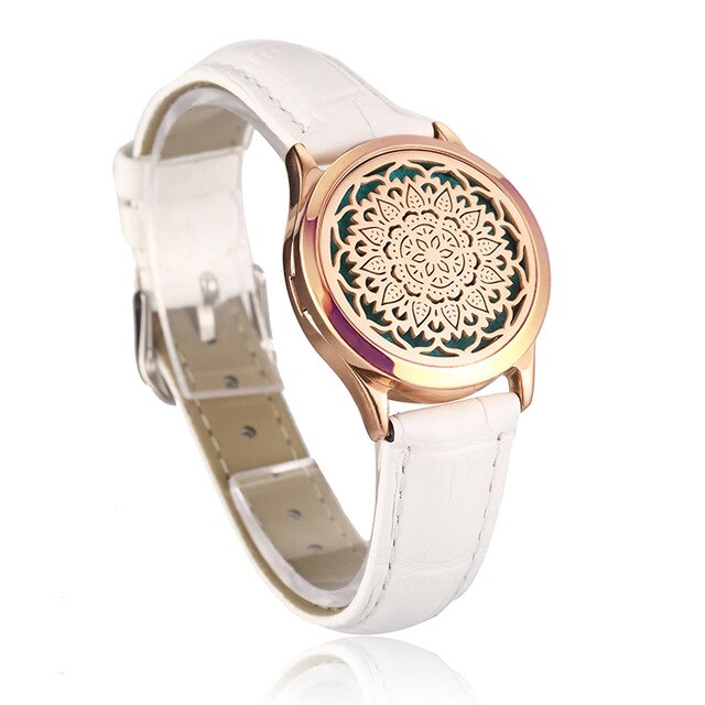 White Leather Bracelet Watch Locket Crystal Stainless Steel Men Woman Bangle Essential Oil Aroma Diffuser Locket Bracelet