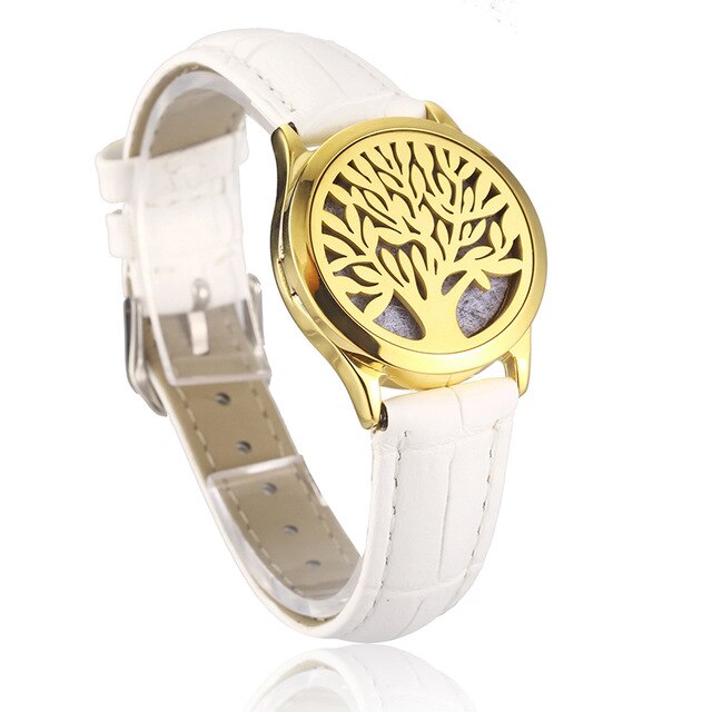 White Leather Bracelet Watch Locket Crystal Stainless Steel Men Woman Bangle Essential Oil Aroma Diffuser Locket Bracelet