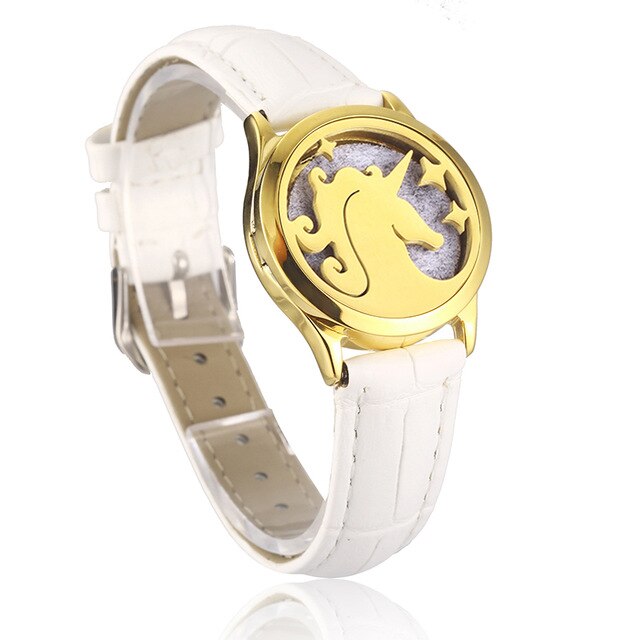 White Leather Bracelet Watch Locket Crystal Stainless Steel Men Woman Bangle Essential Oil Aroma Diffuser Locket Bracelet