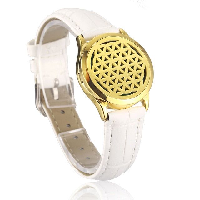 White Leather Bracelet Watch Locket Crystal Stainless Steel Men Woman Bangle Essential Oil Aroma Diffuser Locket Bracelet