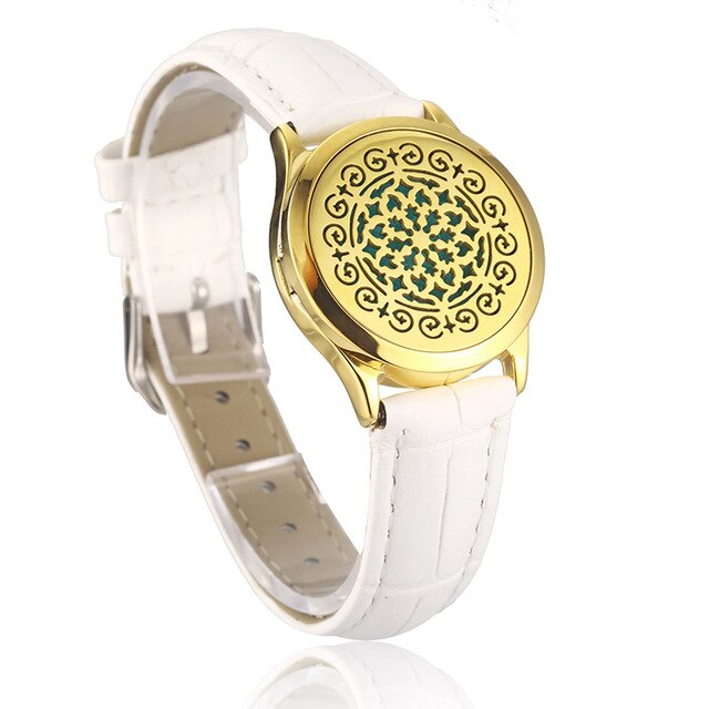 White Leather Bracelet Watch Locket Crystal Stainless Steel Men Woman Bangle Essential Oil Aroma Diffuser Locket Bracelet