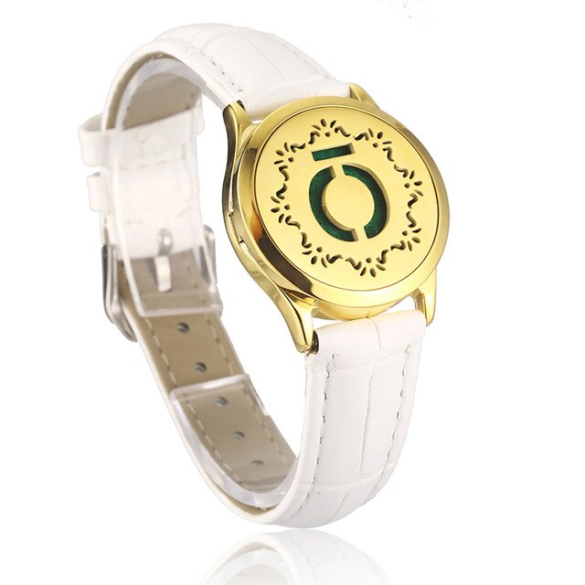 White Leather Bracelet Watch Locket Crystal Stainless Steel Men Woman Bangle Essential Oil Aroma Diffuser Locket Bracelet