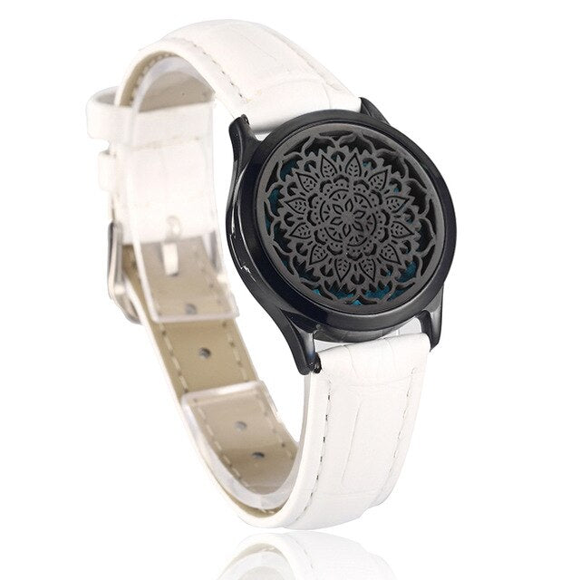 White Leather Bracelet Watch Locket Crystal Stainless Steel Men Woman Bangle Essential Oil Aroma Diffuser Locket Bracelet