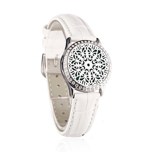 White Leather Bracelet Watch Locket Crystal Stainless Steel Men Woman Bangle Essential Oil Aroma Diffuser Locket Bracelet