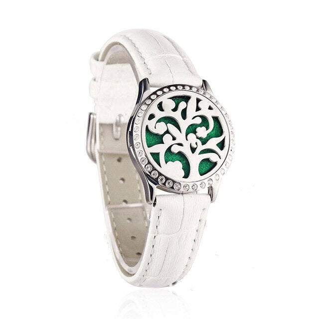 White Leather Bracelet Watch Locket Crystal Stainless Steel Men Woman Bangle Essential Oil Aroma Diffuser Locket Bracelet