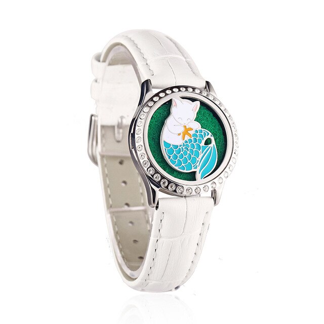 White Leather Bracelet Watch Locket Crystal Stainless Steel Men Woman Bangle Essential Oil Aroma Diffuser Locket Bracelet