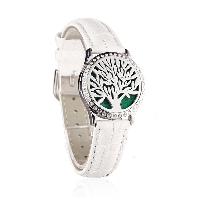 White Leather Bracelet Watch Locket Crystal Stainless Steel Men Woman Bangle Essential Oil Aroma Diffuser Locket Bracelet