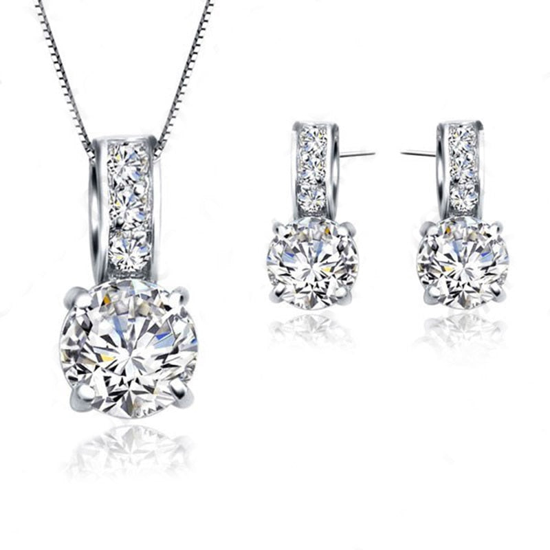 European Brand 925 Sterling Silver Cubic Zircon Pendant  Necklace/Earring Women Jewelry Sets Wholesale