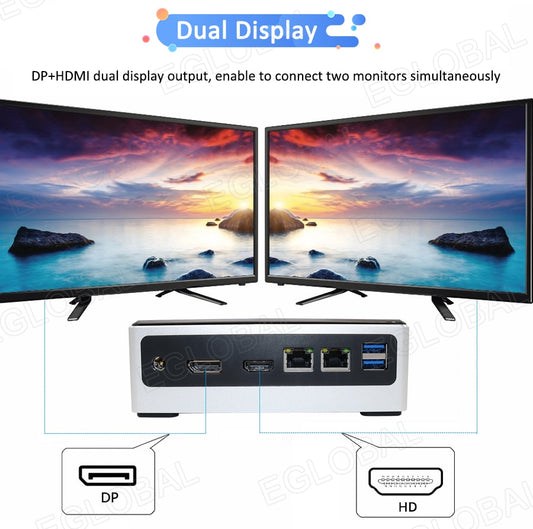 EGLOBAL powerful Mini gaming pc i3 /i5 8250U /i7 8550U  Dual Lan micro desktop computer NVMe SSD MAX 32G DDR4 HDMI DP display