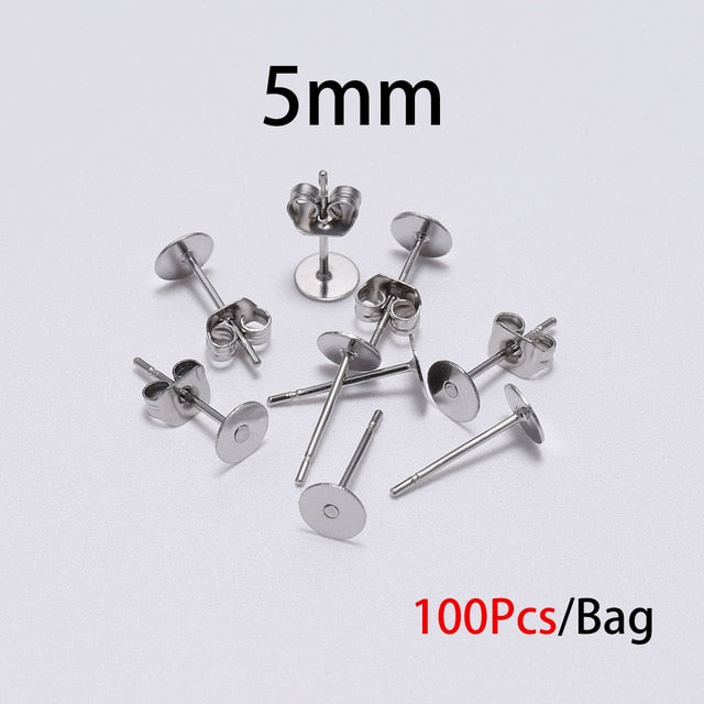 20-100pcs/lot Gold Stainless Steel Blank Post Earring Studs Base Pins With Earring Plug Findings Ear Back For DIY Jewelry Making