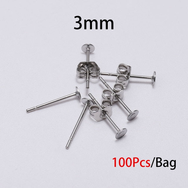 20-100pcs/lot Gold Stainless Steel Blank Post Earring Studs Base Pins With Earring Plug Findings Ear Back For DIY Jewelry Making