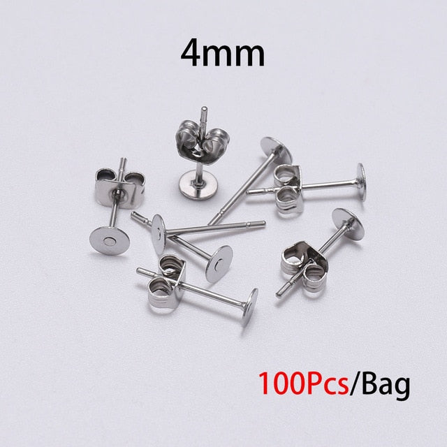 20-100pcs/lot Gold Stainless Steel Blank Post Earring Studs Base Pins With Earring Plug Findings Ear Back For DIY Jewelry Making