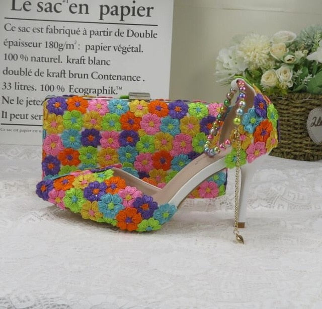 White Lace Flower wedding shoes with matching bags High heels Pointed Toe Ankle Strap Ladies Party shoe bag set Royal Blue Shoe