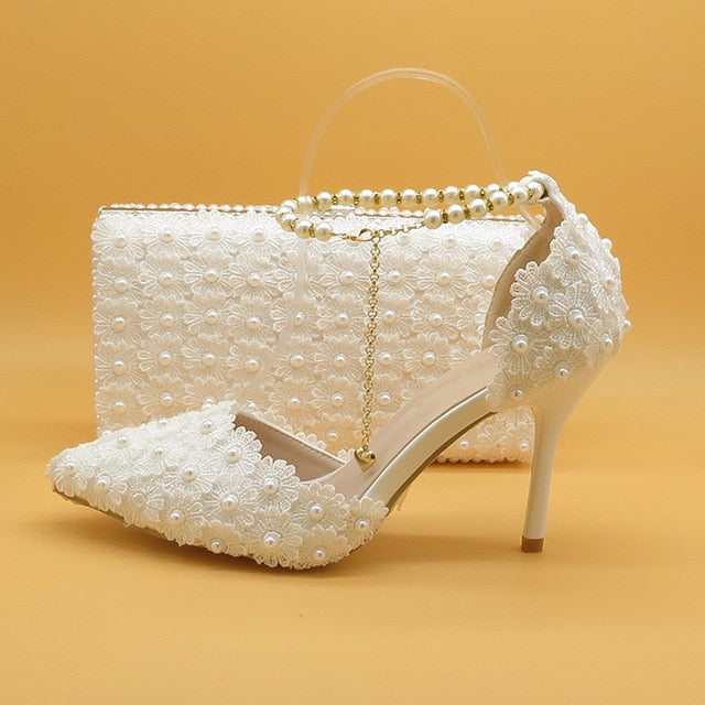 White Lace Flower wedding shoes with matching bags High heels Pointed Toe Ankle Strap Ladies Party shoe bag set Royal Blue Shoe