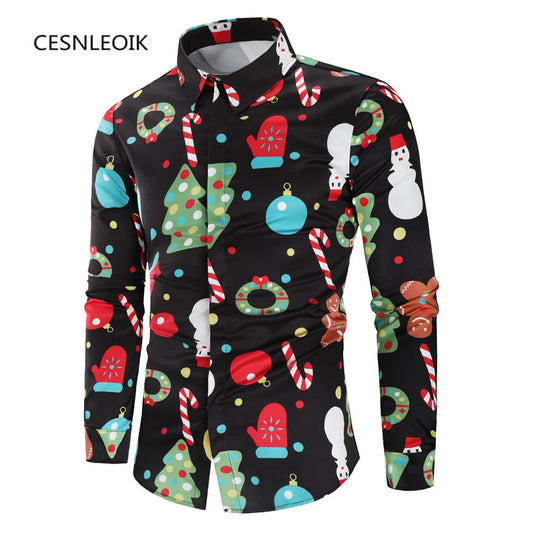 Christmas 3D Print Tree Shirt Men Autumn Long Sleeve shirt Winter Printed Mens Funny shirt